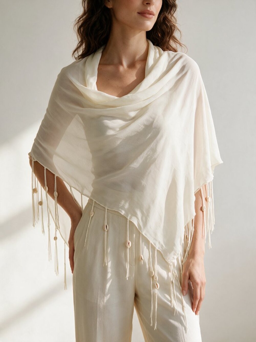 Sheer scarf with shells